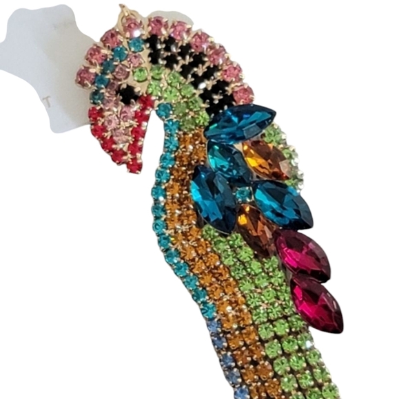 Natasha Bird Rhinestone Statement Rainbow Dangle Earrings Green Gold - Picture 4 of 7